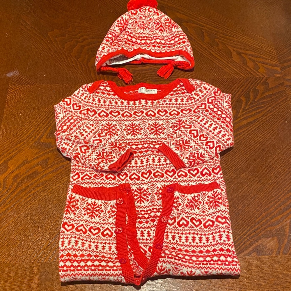 Red and White Kids One Piece Footie with Hat